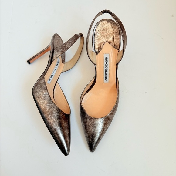 Manolo Blahnik Metallic Pale Gold/ Copper Carolyne Slingback 90mm heels EU 38.5 - Picture 1 of 9